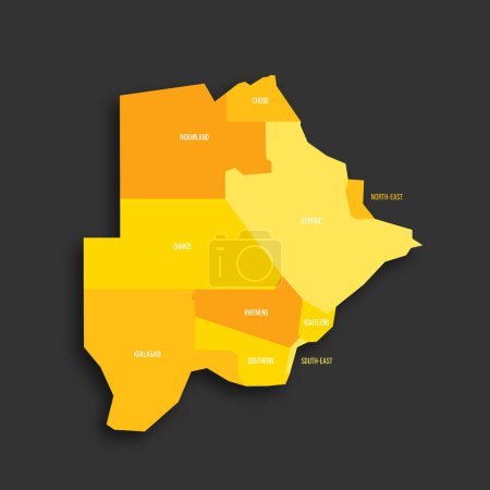 Carte politique des divisions administratives du Botswana - districts ruraux et urbains. Carte vectorielle plate de couleur jaune avec étiquettes de nom et ombre portée isolée sur fond gris foncé.