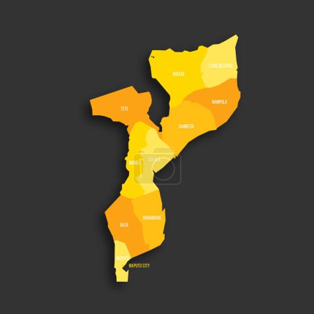 Mozambique political map of administrative divisions - provinces and capital city of Maputo. Yellow shade flat vector map with name labels and dropped shadow isolated on dark grey background.