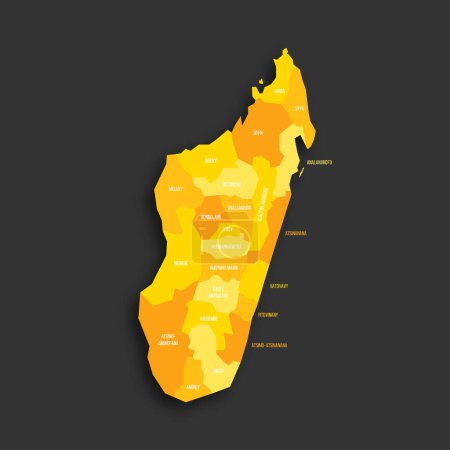 Madagascar mapa político de las divisiones administrativas - regiones. Mapa vectorial plano de sombra amarilla con etiquetas de nombre y sombra soltada aislada sobre fondo gris oscuro.
