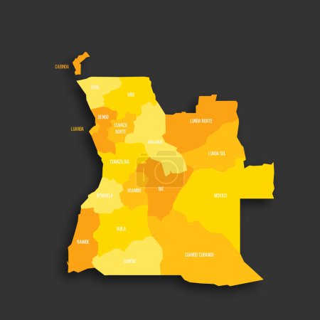 Angola politische Landkarte der administrativen Teilungen - Provinzen. Gelber Farbton flache Vektorkarte mit Namensschildern und Schlagschatten isoliert auf dunkelgrauem Hintergrund.