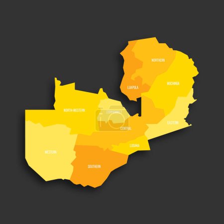 Zambia mapa político de las divisiones administrativas provincias. Mapa vectorial plano de sombra amarilla con etiquetas de nombre y sombra soltada aislada sobre fondo gris oscuro.