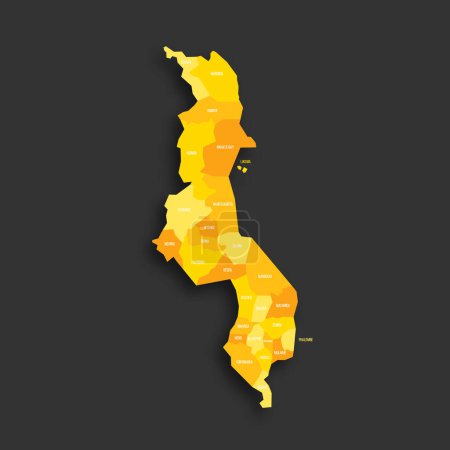 Malawi mapa político de las divisiones administrativas - distritos. Mapa vectorial plano de sombra amarilla con etiquetas de nombre y sombra soltada aislada sobre fondo gris oscuro.