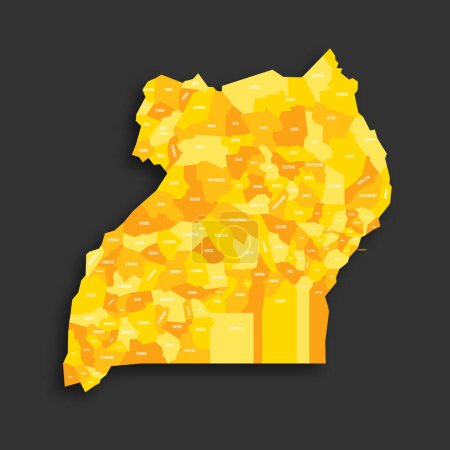 Ugandas politische Landkarte der Verwaltungseinheiten - Bezirke. Gelber Farbton flache Vektorkarte mit Namensschildern und Schlagschatten isoliert auf dunkelgrauem Hintergrund.