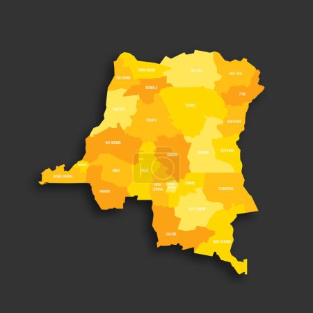 Demokratische Republik Kongo politische Landkarte der Verwaltungseinheiten - Provinzen. Gelber Farbton flache Vektorkarte mit Namensschildern und Schlagschatten isoliert auf dunkelgrauem Hintergrund.
