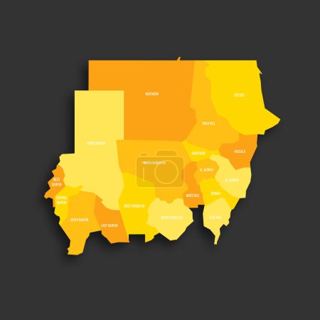 Soudan carte politique des divisions administratives - États. Carte vectorielle plate de couleur jaune avec étiquettes de nom et ombre portée isolée sur fond gris foncé.
