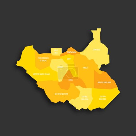 South Sudan political map of administrative divisions - states, administrative areas and area with special administrative status. Yellow shade flat vector map with name labels and dropped shadow