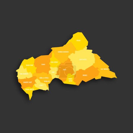 République centrafricaine carte politique des divisions administratives préfectures et commune autonome Bangui. Carte vectorielle plate de nuance jaune avec étiquettes de nom et ombre portée isolée sur gris foncé