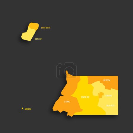 Äquatorialguinea politische Landkarte der Verwaltungseinheiten - Provinzen. Gelber Farbton flache Vektorkarte mit Namensschildern und Schlagschatten isoliert auf dunkelgrauem Hintergrund.