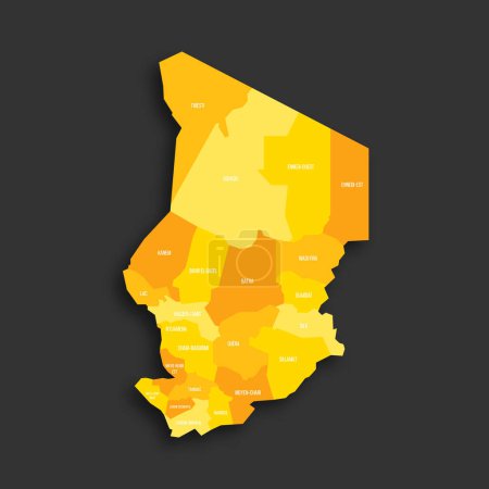 Tschad politische Landkarte der administrativen Teilungen - Regionen. Gelber Farbton flache Vektorkarte mit Namensschildern und Schlagschatten isoliert auf dunkelgrauem Hintergrund.