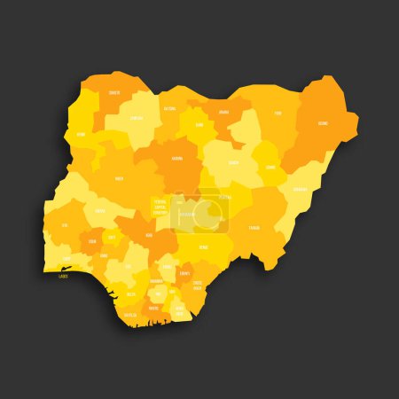 Nigerias politische Landkarte der administrativen Teilungen - Bundesstaaten und föderales Hauptstadtgebiet. Gelber Farbton flache Vektorkarte mit Namensschildern und Schlagschatten isoliert auf dunkelgrauem Hintergrund.
