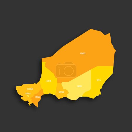 Niger politische Landkarte der Verwaltungseinheiten - Regionen und Hauptstadt Niamey. Gelber Farbton flache Vektorkarte mit Namensschildern und Schlagschatten isoliert auf dunkelgrauem Hintergrund.