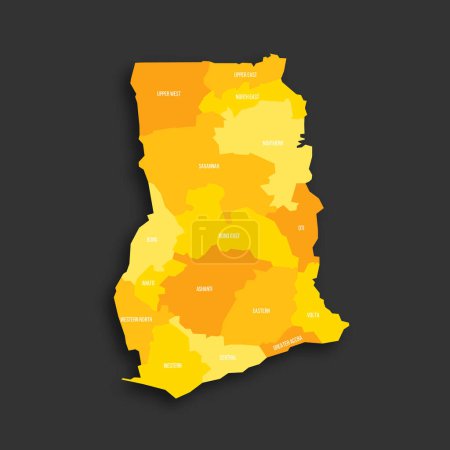 Ghana politische Landkarte der administrativen Teilungen - Regionen. Gelber Farbton flache Vektorkarte mit Namensschildern und Schlagschatten isoliert auf dunkelgrauem Hintergrund.