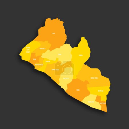 Liberia politische Landkarte der Verwaltungseinheiten - Landkreise. Gelber Farbton flache Vektorkarte mit Namensschildern und Schlagschatten isoliert auf dunkelgrauem Hintergrund.