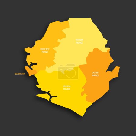 Sierra Leone political map of administrative divisions - provinces and one area. Yellow shade flat vector map with name labels and dropped shadow isolated on dark grey background.