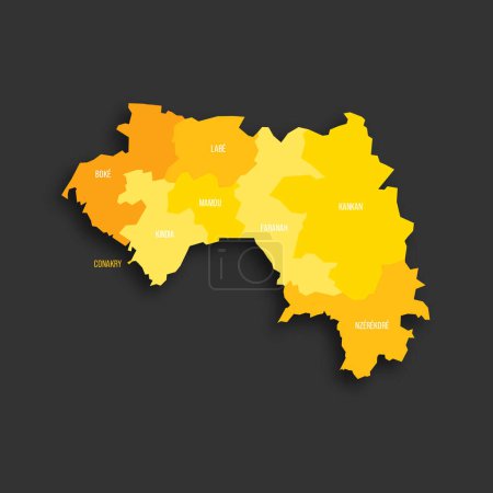 Guinea mapa político de las divisiones administrativas - regiones. Mapa vectorial plano de sombra amarilla con etiquetas de nombre y sombra soltada aislada sobre fondo gris oscuro.