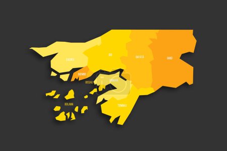 Carte politique des divisions administratives Guinée-Bissau - régions et secteur autonome de Bissau. Carte vectorielle plate de couleur jaune avec étiquettes de nom et ombre portée isolée sur fond gris foncé.