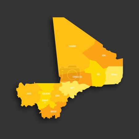 Mali political map of administrative divisions - regions and capital district of Bamako. Yellow shade flat vector map with name labels and dropped shadow isolated on dark grey background.