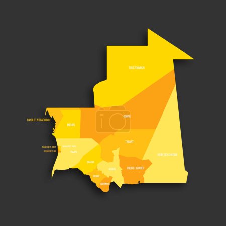 Mauritania political map of administrative divisions - regions and Nouakchott departments. Yellow shade flat vector map with name labels and dropped shadow isolated on dark grey background.