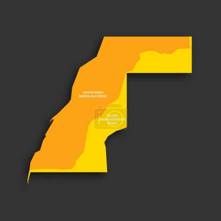 Western map of land divided between Morocco and Sahrawi Arab Democratic Republic by Moroccan Western Sahara Wall. Yellow shade flat vector map with name labels and dropped shadow isolated on dark grey