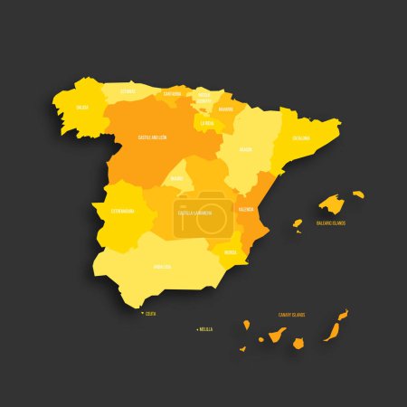 Spanien politische Landkarte der Verwaltungseinheiten - autonome Gemeinschaften und autonome Städte von Ceuta und Melilla. Gelber Farbton flache Vektorkarte mit Namensschildern und Schlagschatten isoliert auf dunklem Hintergrund