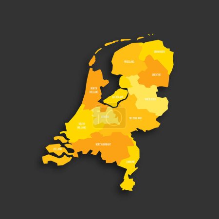 Países Bajos mapa político de las divisiones administrativas provincias. Mapa vectorial plano de sombra amarilla con etiquetas de nombre y sombra soltada aislada sobre fondo gris oscuro.