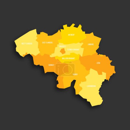 Belgien politische Landkarte der Verwaltungseinheiten - Provinzen. Gelber Farbton flache Vektorkarte mit Namensschildern und Schlagschatten isoliert auf dunkelgrauem Hintergrund.