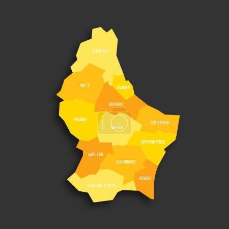 Carte politique luxembourgeoise des divisions administratives - cantons. Carte vectorielle plate de couleur jaune avec étiquettes de nom et ombre portée isolée sur fond gris foncé.