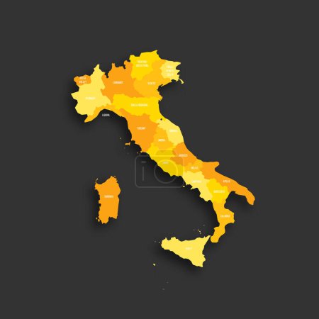 Italia mapa político de las divisiones administrativas - regiones. Mapa vectorial plano de sombra amarilla con etiquetas de nombre y sombra soltada aislada sobre fondo gris oscuro.