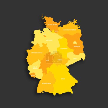 Alemania mapa político de las divisiones administrativas - estados federales. Mapa vectorial plano de sombra amarilla con etiquetas de nombre y sombra soltada aislada sobre fondo gris oscuro.