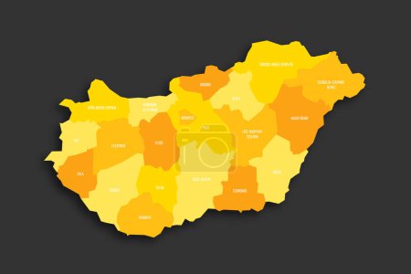 Hungary political map of administrative divisions - counties and autonomous city of Budapest. Yellow shade flat vector map with name labels and dropped shadow isolated on dark grey background.
