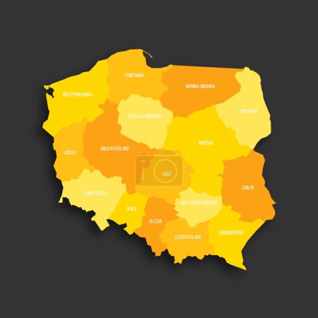 Polen politische Landkarte der administrativen Teilungen - Woiwodschaften. Gelber Farbton flache Vektorkarte mit Namensschildern und Schlagschatten isoliert auf dunkelgrauem Hintergrund.