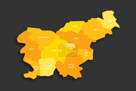 Eslovenia mapa político de las divisiones administrativas - regiones estadísticas. Mapa vectorial plano de sombra amarilla con etiquetas de nombre y sombra soltada aislada sobre fondo gris oscuro.