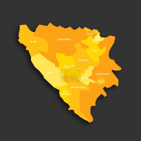 Bosnia y Herzegovina mapa político de las divisiones administrativas cantones de la Federación de Bosnia y Herzegovina y República Srpska. Mapa vectorial plano de sombra amarilla con etiquetas de nombre y caído