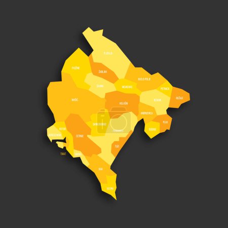 Montenegro political map of administrative divisions - municipalities. Yellow shade flat vector map with name labels and dropped shadow isolated on dark grey background.