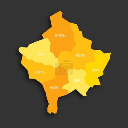 Kosovo politische Landkarte der Verwaltungseinheiten - Bezirke. Gelber Farbton flache Vektorkarte mit Namensschildern und Schlagschatten isoliert auf dunkelgrauem Hintergrund.
