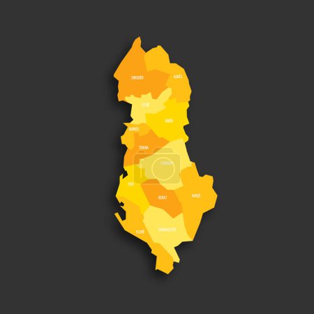 Albanie carte politique des divisions administratives - comtés. Carte vectorielle plate de couleur jaune avec étiquettes de nom et ombre portée isolée sur fond gris foncé.