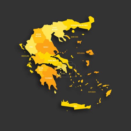 Greece political map of administrative divisions - decentralized administrations and autonomous monastic state of Mount Athos. Yellow shade flat vector map with name labels and dropped shadow isolated