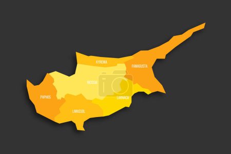 Zyperns politische Landkarte der Verwaltungseinheiten - Bezirke. Gelber Farbton flache Vektorkarte mit Namensschildern und Schlagschatten isoliert auf dunkelgrauem Hintergrund.