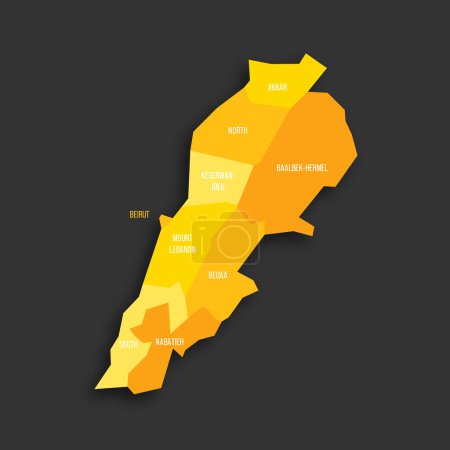 Libanon politische Landkarte der administrativen Teilungen - Gouvernements. Gelber Farbton flache Vektorkarte mit Namensschildern und Schlagschatten isoliert auf dunkelgrauem Hintergrund.