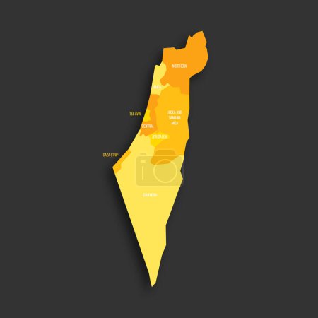 Carte politique israélienne des divisions administratives - districts, bande de Gaza et zone de Judée-Samarie. Carte vectorielle plate de couleur jaune avec étiquettes de nom et ombre portée isolée sur fond gris foncé.