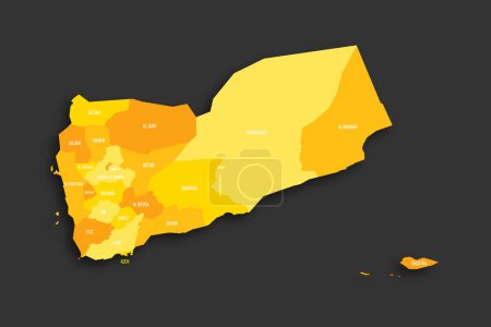 Jemen politische Landkarte der Verwaltungseinheiten - Gouvernements und Stadtbezirke von Sanaa. Gelber Farbton flache Vektorkarte mit Namensschildern und Schlagschatten isoliert auf dunkelgrauem Hintergrund.