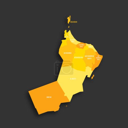 Carte politique des divisions administratives d'Oman - gouvernorats. Carte vectorielle plate de couleur jaune avec étiquettes de nom et ombre portée isolée sur fond gris foncé.