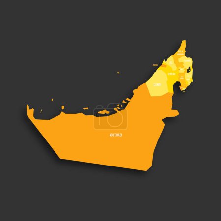 United Arab Emirates political map of administrative divisions - emirates. Yellow shade flat vector map with name labels and dropped shadow isolated on dark grey background.