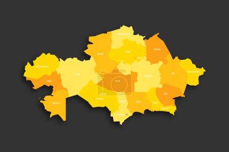 Kazajstán mapa político de las divisiones administrativas regiones y ciudades con derechos regionales y ciudad de importancia república Baikonur. Mapa vectorial plano de sombra amarilla con etiquetas de nombre y caído