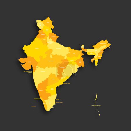 India mapa político de las divisiones administrativas - estados y teritorios sindicales. Mapa vectorial plano de sombra amarilla con etiquetas de nombre y sombra soltada aislada sobre fondo gris oscuro.