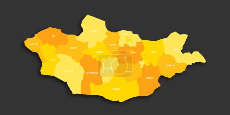 Mongolia political map of administrative divisions - provinces and khot Ulaanbaatar. Yellow shade flat vector map with name labels and dropped shadow isolated on dark grey background.