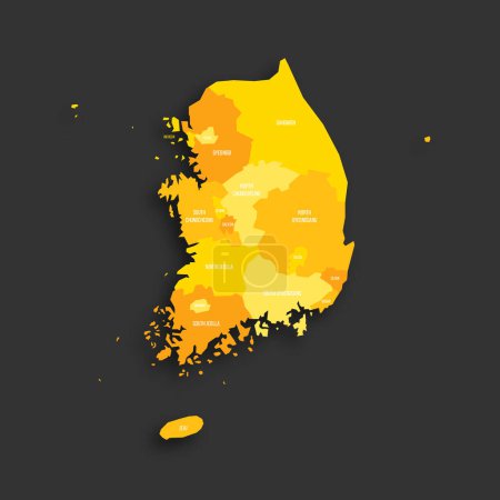 Corea del Sur mapa político de las divisiones administrativas provincias, ciudades metropolitanas, ciudad especial de Seolu y ciudades autónomas especiales de Sejong. Mapa vectorial plano de sombra amarilla con etiquetas de nombre