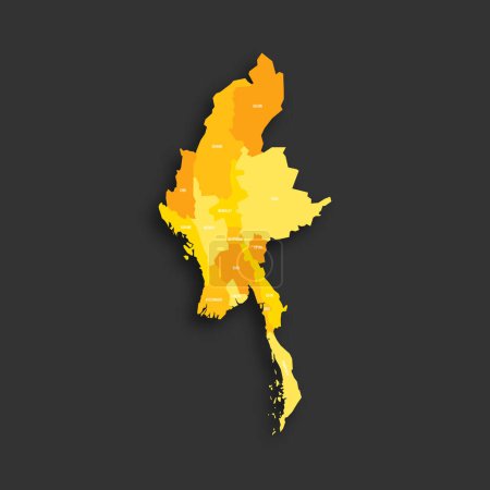 Myanmar politische Landkarte der Verwaltungseinheiten - Staaten, Regionen und Naypyitaw Union Territory. Gelber Farbton flache Vektorkarte mit Namensschildern und Schlagschatten isoliert auf dunkelgrauem Hintergrund.