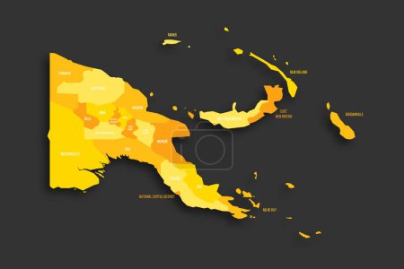 Papua-Neuguinea politische Landkarte der Verwaltungseinheiten - Provinzen, autonome Region und Nationaler Hauptstadtbezirk. Gelber Farbton flache Vektorkarte mit Namensschildern und Schlagschatten isoliert auf