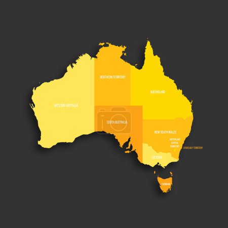 Australia mapa político de las divisiones administrativas - estados y teritorios. Mapa vectorial plano de sombra amarilla con etiquetas de nombre y sombra soltada aislada sobre fondo gris oscuro.